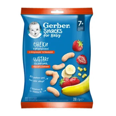 gerber bastonașe de porumb cu banane și căpșuni (7 m+) 28 gr.